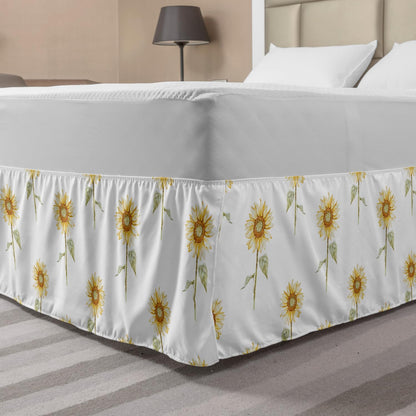 Lunarable Sunflower Bedskirt, Hand Drawn Floral Pattern, Queen Size, Green Ginger, Gathered Design