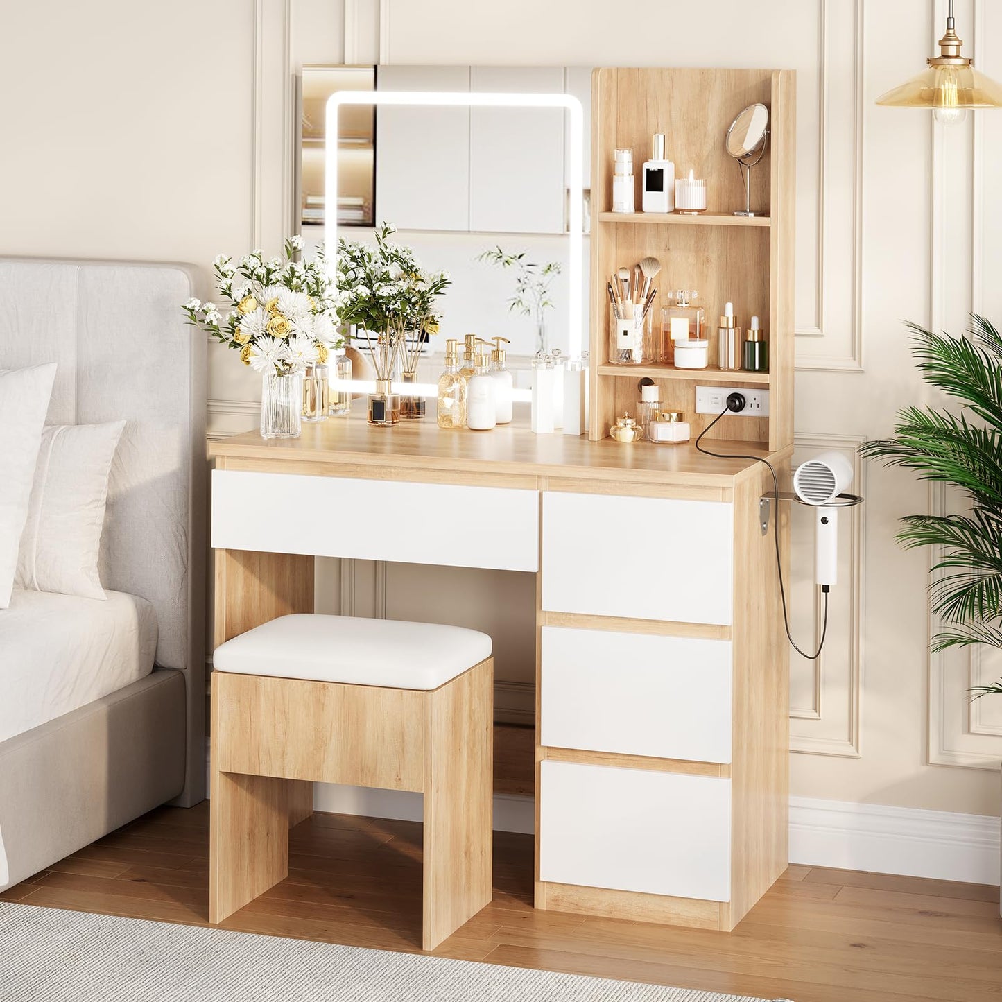 Vanity Desk with Mirror and LED Light, Vanity Desk with 4 Drawers, Power Outlet, Storage Stool, Open Shelves, Hairdryer Holder, Adjustable 3 Lighting Mode, Makeup Vanity Set for Bedroom, Wood Color
