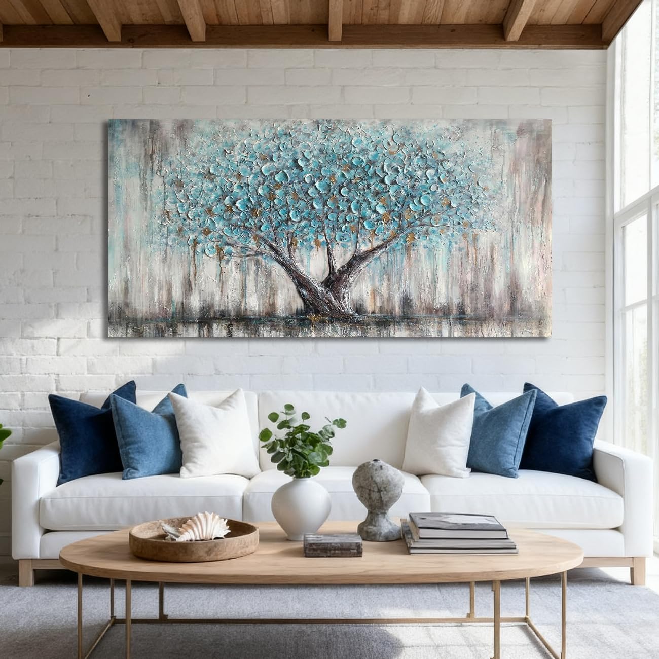 Arjun Tree Wall Art Canvas for Living Room Blue Tree of Life Nature Teal Abstract Textured Painting Picture Modern Panoramic Landscape Artwork Framed Bedroom Home Office Decor, Large Size 40"x20"