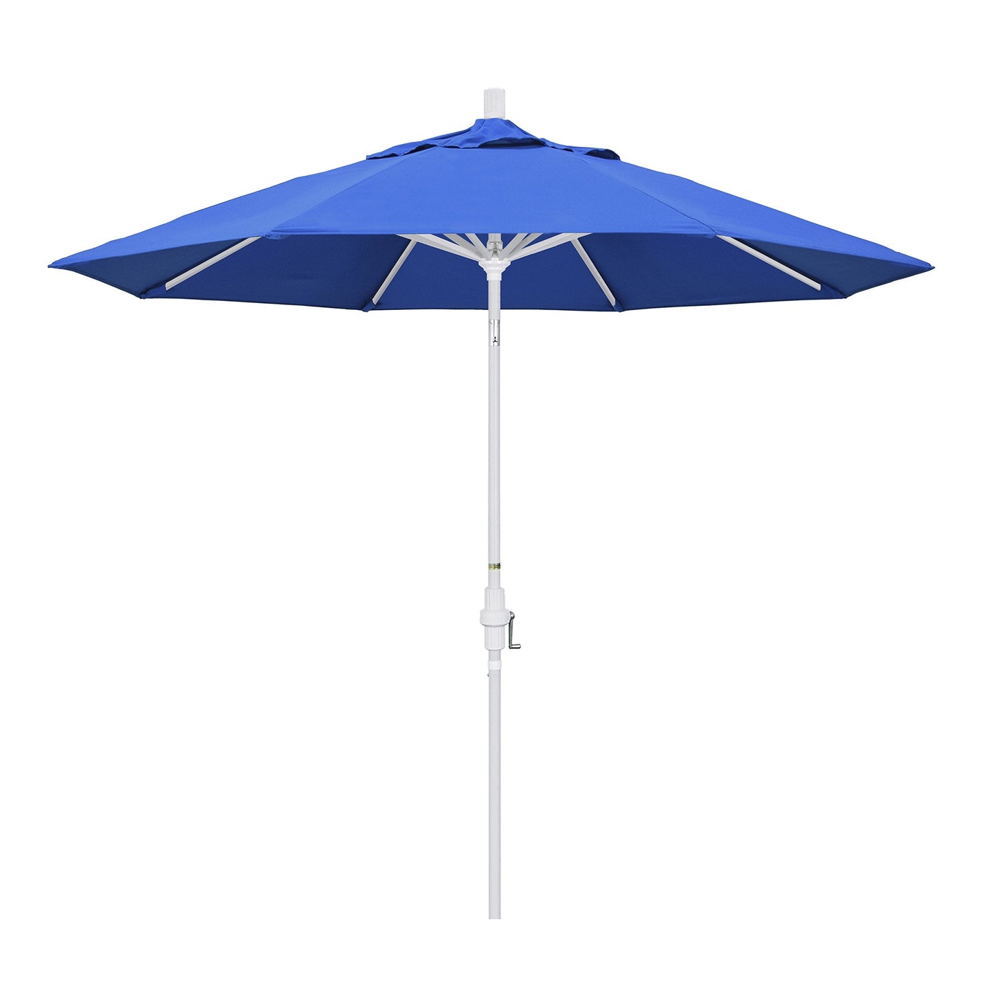 California Umbrella 9' Round Aluminum Market Umbrella, Crank Lift, Collar Tilt, White Pole, Royal Blue Olefin