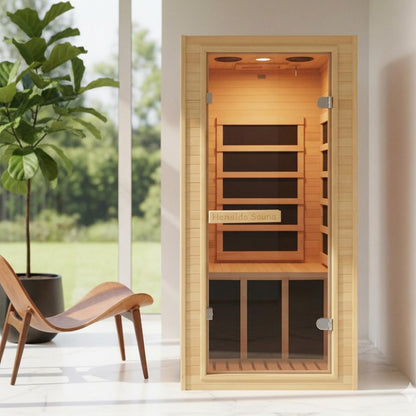 1-Person Home Sauna, 32.3IN x 27.2IN x 59IN Mini Canadian Hemlock Wood Far Infrared Sauna with 5 Low-EMF Carbon Heaters (60-140°F), 110V/900W, Bluetooth Speaker, Quick 30-Min Setup, Fits Any Room