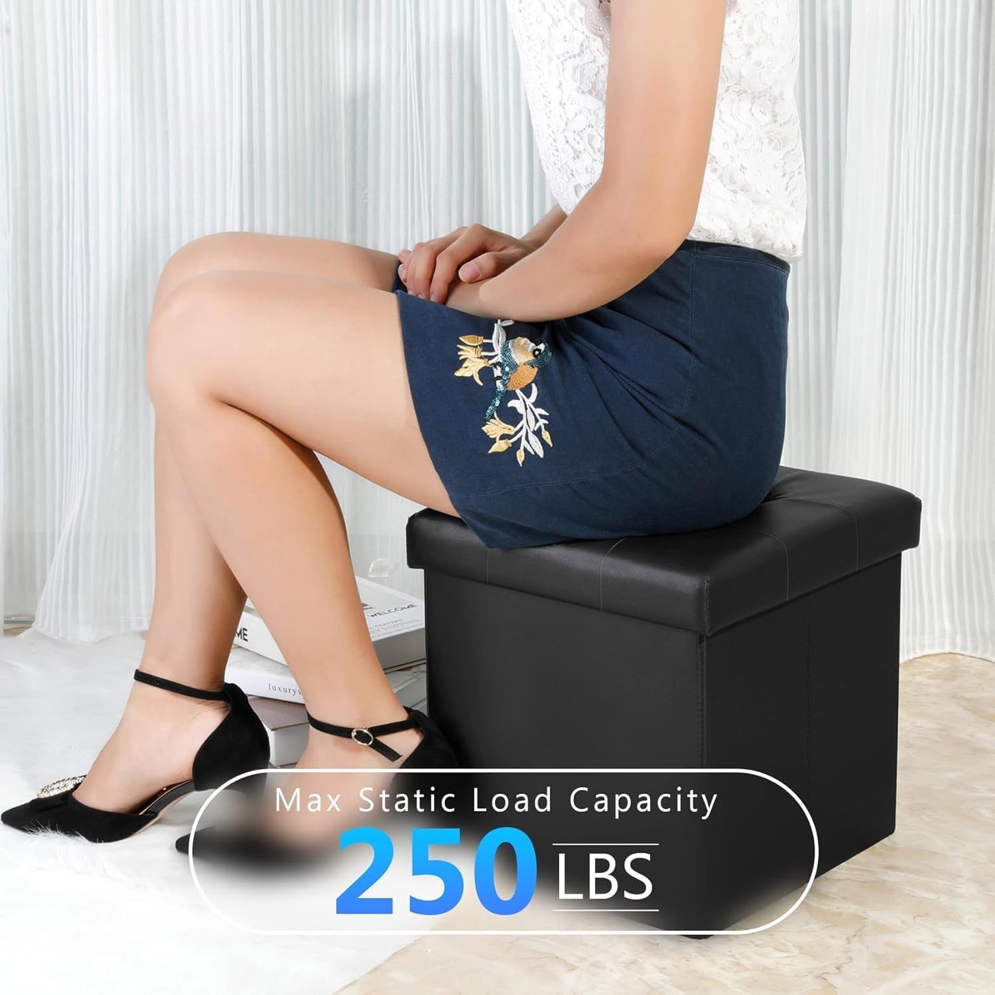 12.6"X12.6"X12.6" B FSOBEIIALEO Folding Storage Ottoman Cube Footrest Faux Leather for Living Room Seat Chest Black