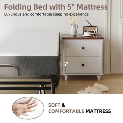 CAIYUN Folding Bed with Mattress and Storage Cover - 75"x38" Twin Size Frame, Portable Rollaway Guest Bed with 5-inch Memory Foam Mattress, Space-Saving Foldable Design for Easy Storage