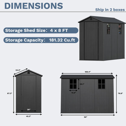 Devoko 4×8 FT Resin Storage Shed with Floor, Garden Plastic Outdoor Shed with Window and Lockable Door, Waterproof Outside Tool shed for Backyard Patio, Dark Grey