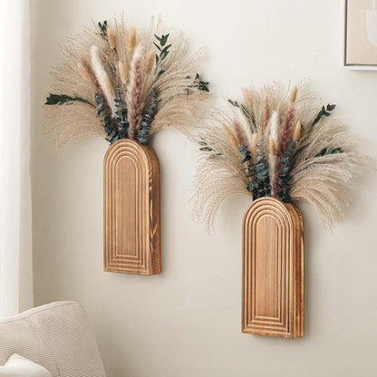 2 Pack Wooden Wall Vase Set with Pampas Grass Eucalyptus, Modern Farmhouse Boho Wall Decor for Living Room, Entryway, Hallway, Bathroom, Dining Room, Brown Wall Art for Home Decoration