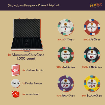 Playzaic 1000-piece Aluminum Showdown Poker Chip Case - 13.5-gram Heavy Clay Composite Set - Casino Chips for Texas Holdem, Blackjack - Betting Game Accessories