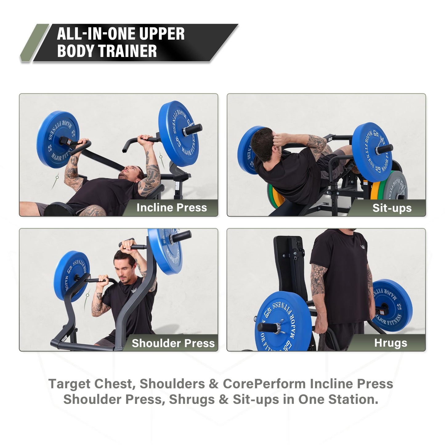 Major Fitness P1 Bench Press Machine with Independent Arms – Adjustable Flat & Incline Bench Press for Chest & AB Workouts – Perfect Home Gym Equipment (Black Rack + 230LB Color Plates)