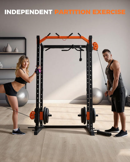Power Cage, Power Rack with Cable Crossover System, 2000LBS Squat Rack with LAT Pull Down System, Workout Cage with Pulley System for Fitness Home Gym Strength Training, Orange & Black
