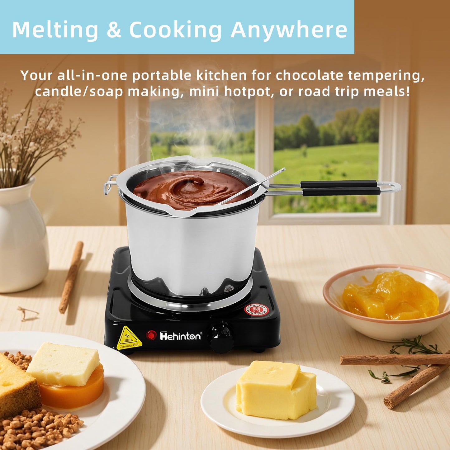 Hehinton Professional Double Boiler Pot 1200ML/40.6OZ, 304 Stainless Steel Chocolate Melting Pot with 1000W Electric Hot Plate, Multi-Functions Warming Melting Pots for Wax Soap Base Candy Cheese Butter