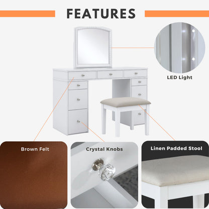 24/7 Shop at Home Juno Modern White Vanity Desk with Mirror and LED Lights, Makeup Table with 9 Drawers, Upholstered Stool with Wood Legs, Bedroom Furniture Set, Dressing Room, Youth Room