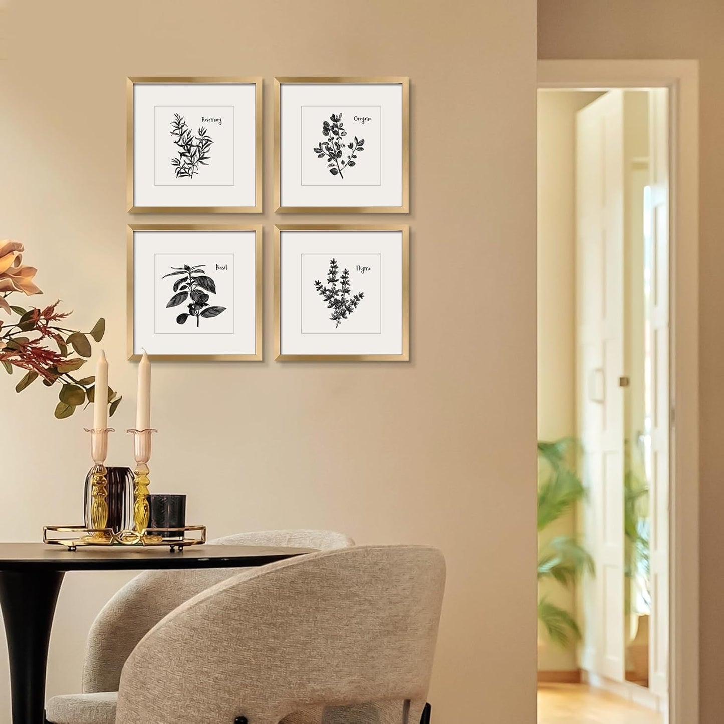 11x11inch Decor,Set 4 ArtbyHannah Gold Framed Wall Art with Herbs Plants Botanical Pictures in Gold Frames for Kitchen