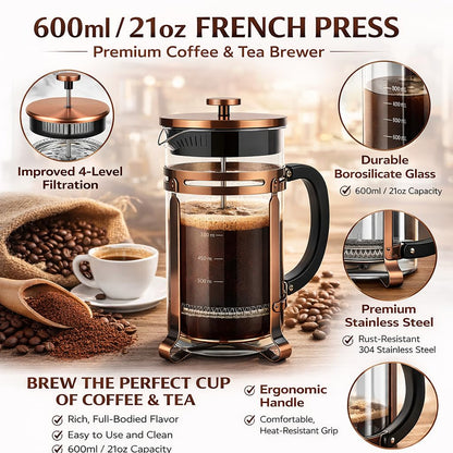 PSAVGLA French Press Coffee Maker 21 oz, 304 Stainless Steel Double Mesh Filter, Borosilicate Glass, Heat-Resistant, BPA-Free, Ideal for Home, Office & Gift (copper, 21oz)