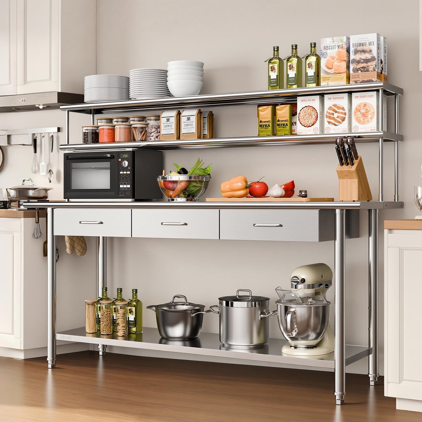 VEVOR Stainless Steel Work Table, 24x72 Inch Food Prep Table with Overshelves and 3 Drawers, Commercial Kitchen Workstation with Adjustable Undershelf, Metal Utility Worktable, for Restaurant Garage