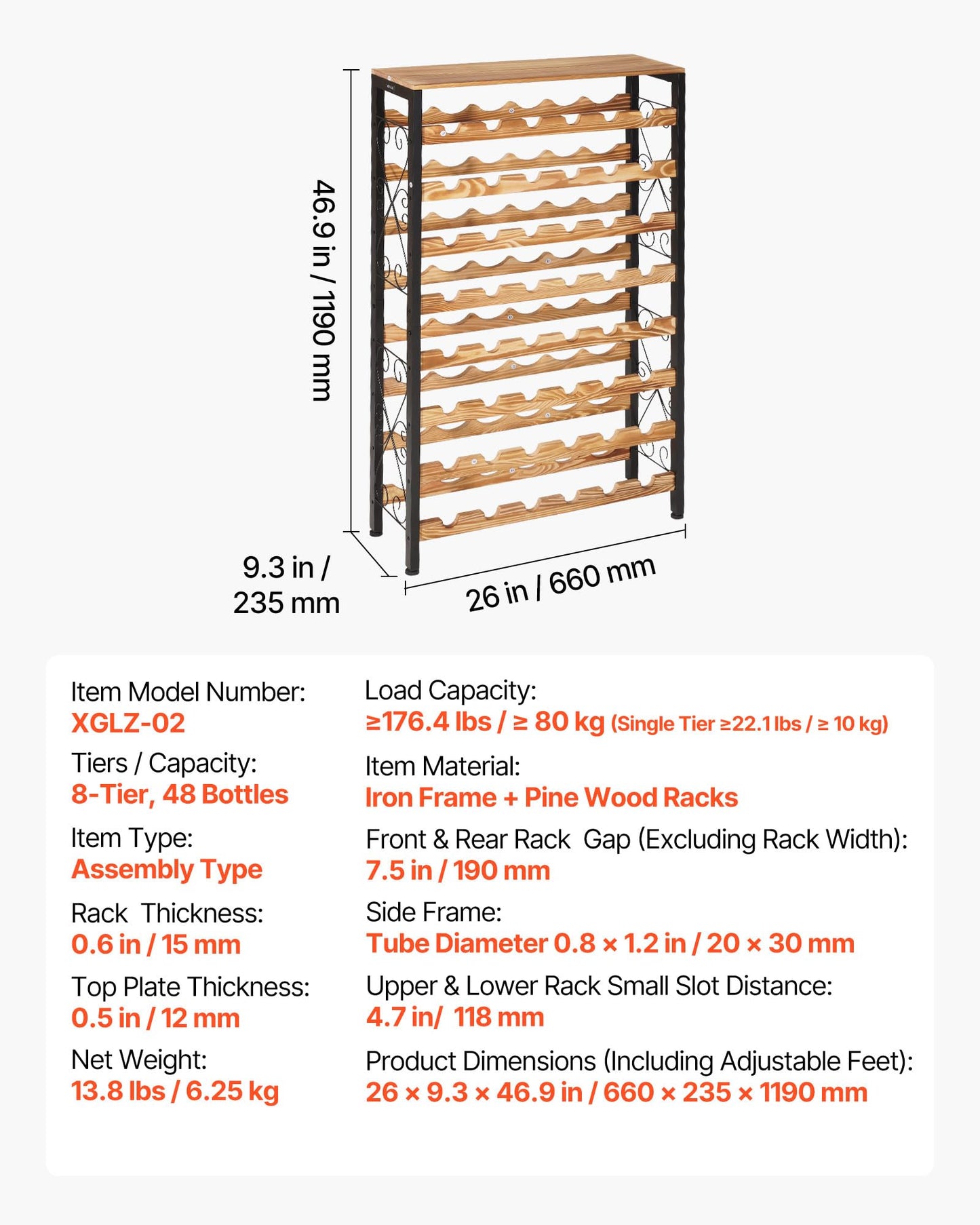 VEVOR 48 Bottle Wine Rack,8-Tier Iron Wine Bottle Holder with Wood Table Top,Freestanding Floor Display Wine Storage Shelves,for Kitchen Pantry, Cellar, Bar, Dining Room,26''L X 9.3''W X 46.9''H