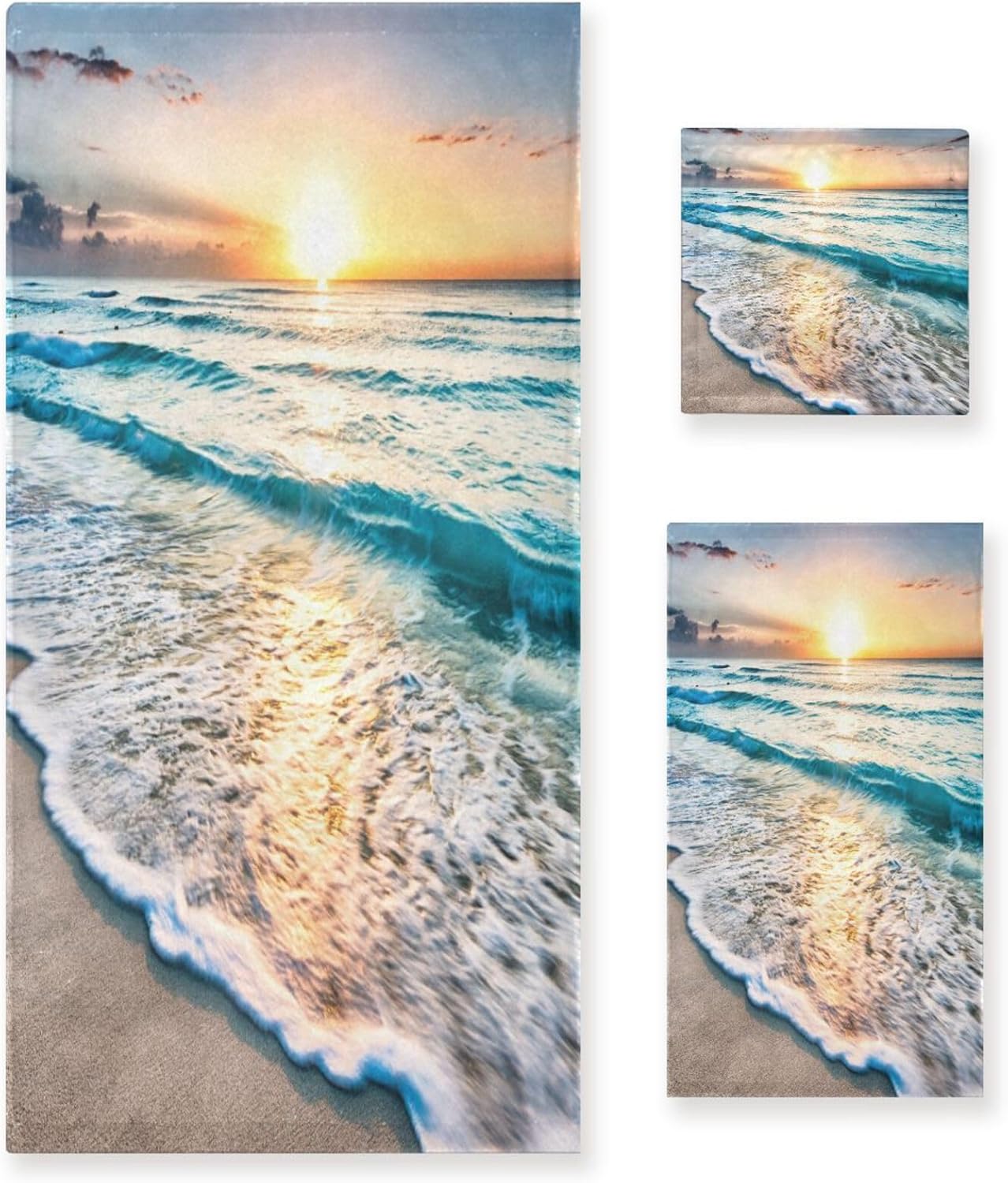 HATESAH Set,Soft Set 3 Piece,1 Towel,1 Towel,1 Beach Bath Towels Highly Absorbent Sea Ocean Waves Island Hawaiian