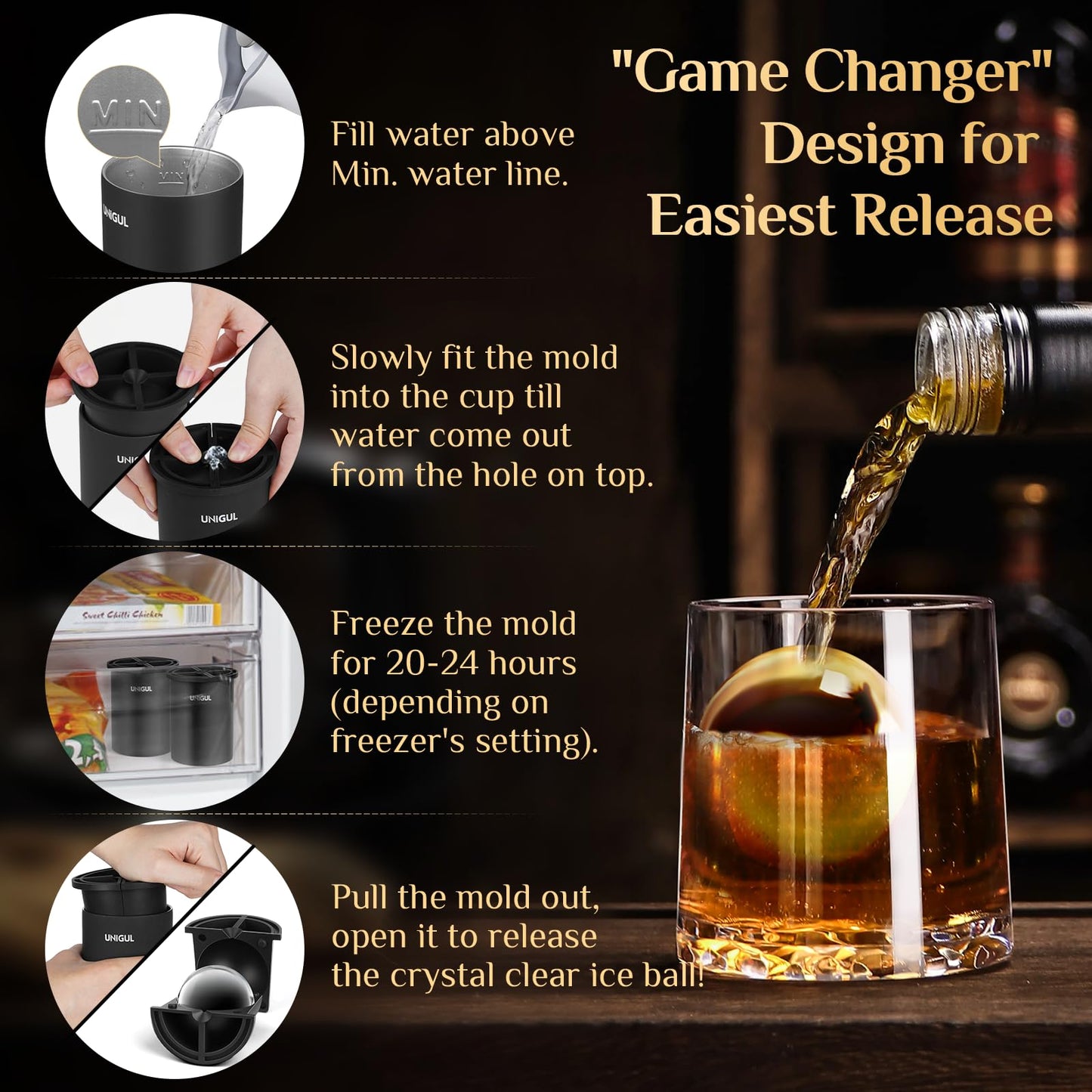Clear Ice Cube Maker, 2.5" Stainless Steel Ice Ball Maker Mold for Whiskey & Cocktails, Non-BPA Premium Silicone Ice Cube Molds, Easy-Release Sphere Ice Maker, Bourbon Gifts for Men (2 PACK)