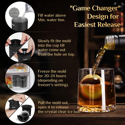 Clear Ice Cube Maker, 2.5" Stainless Steel Crystal Clear Ice Ball Maker, Non-BPA Premium Silicone Ice Cube Molds for Whiskey & Cocktails, Easy-Release Sphere Ice Maker, Bourbon Gifts for Men (1 PACK)