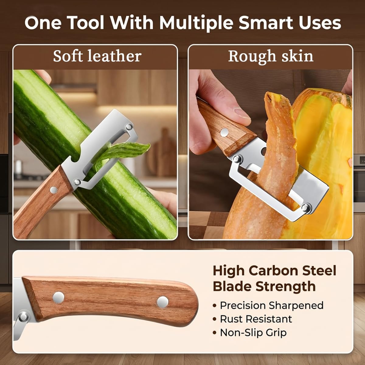 2 Pack Multifunctional Vegetable Peeler, 2-in-1 Kitchen Peeler with Bottle Opener, Wooden Handle & Stainless Steel Blade, for Potato, Carrot, Fruit, Pumpkin, Papaya & More