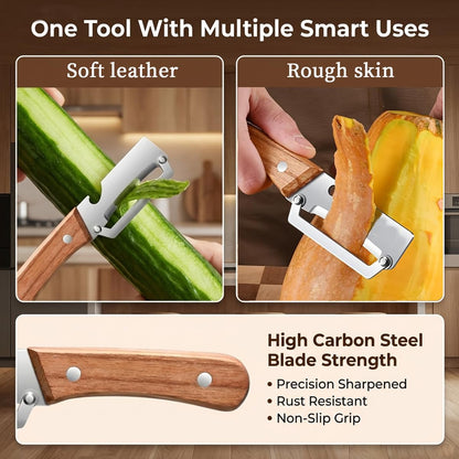 2 Pack Multifunctional Vegetable Peeler, 2-in-1 Kitchen Peeler with Bottle Opener, Wooden Handle & Stainless Steel Blade, for Potato, Carrot, Fruit, Pumpkin, Papaya & More