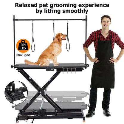 PioneerWorks Electric Dog Grooming Table, Height Adjustable (9.4"-39.4") Pet Grooming Table with Leveling Wheels, X-Lift, Anti-Slip Tabletop, 47" Heavy Duty Dog Grooming Station, Black