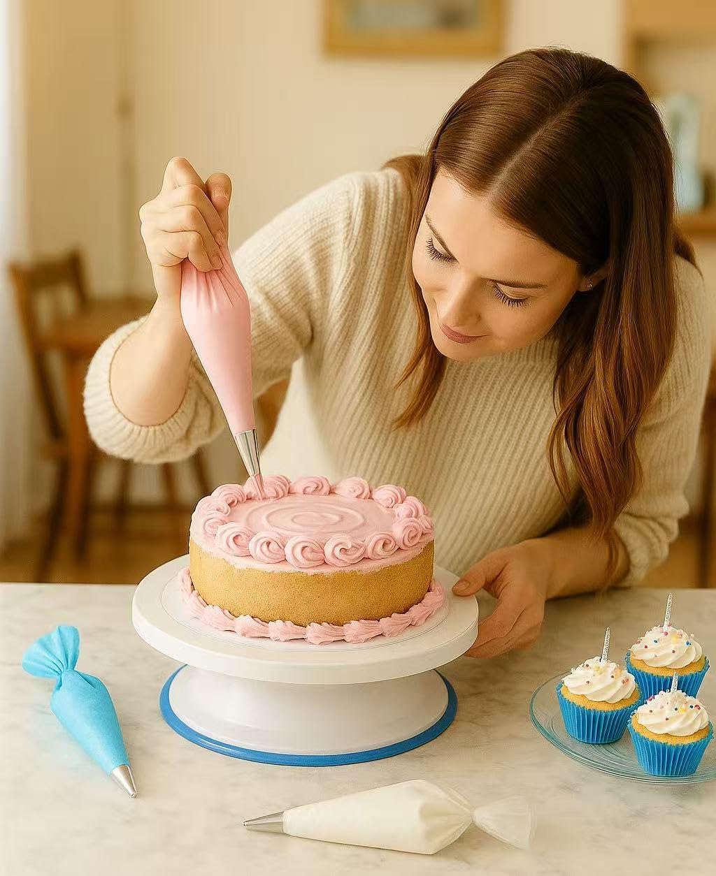 82 Pcs Cake Decorating Kit with Non-Slip Turntable, Stand,Leveler, 12 Piping Nozzles, Spatulas,Cupcake, 2 Reusable & 50 Disposable Bags,Complete Starter Set for Beginners & Home Bakers