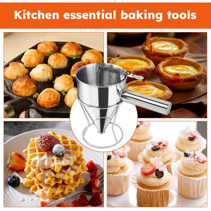 Cake Batter Dispenser, Stainless Steel Funnel Cake Dispenser with 4 Silicone Nozzles with Stand Baking Tool for Pancakes Cupcakes Muffins Crepes Waffles(40oz,1200ml)