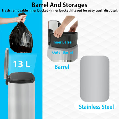 BestMassage 13 Gallon (50L) Stainless Steel Trash Can with Lid, Removable Inner Bucket, Foot Pedal, Soft Close for Home, Kitchen, Office