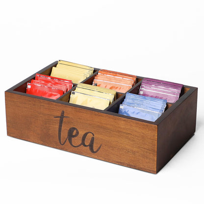 LBEMEY Tea Bag Organizer,Acacia Wood Tea Storage Containers with 6 Compartments, Sugar Packet Holder,Tea Bag Caddy Box for Cabinet Countertop Office (Brown-Labeled "Tea")
