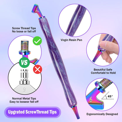 DoreenBow 21Pcs Diamond Art Painting Pen Kit Angled Screw Thread Tips Metal Stainless Steel Rainbow Diamond Art Tips Ergonomic Diamond Art Tools with 6 Clay, Shiny Pen