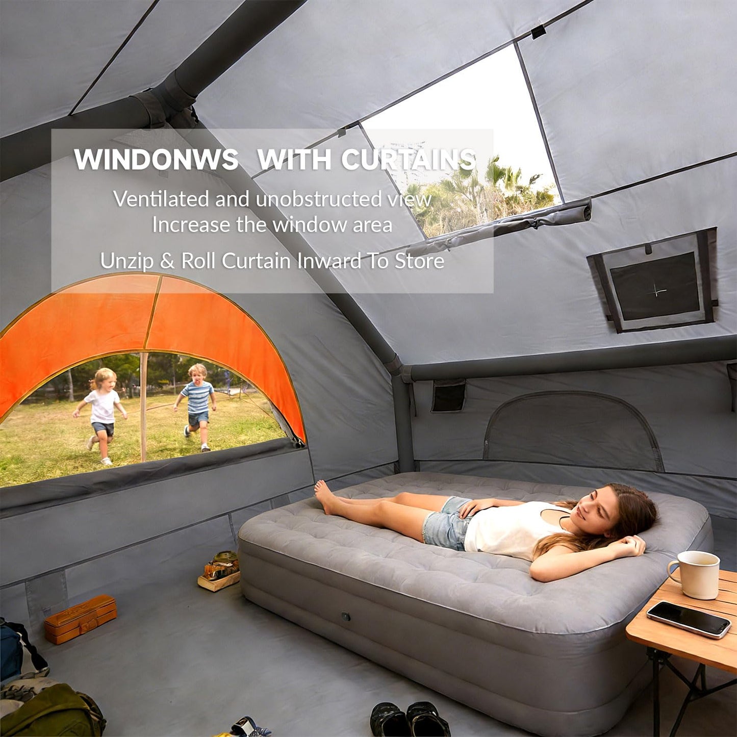 AORZCOR Inflatable Camping Tents, Easy Setup Blow up Tent with Hand Pump, 2-4 Person, Glamping Tents with Stove Jack, Tent with Skylight, Waterproof, 4 Season (Grey)