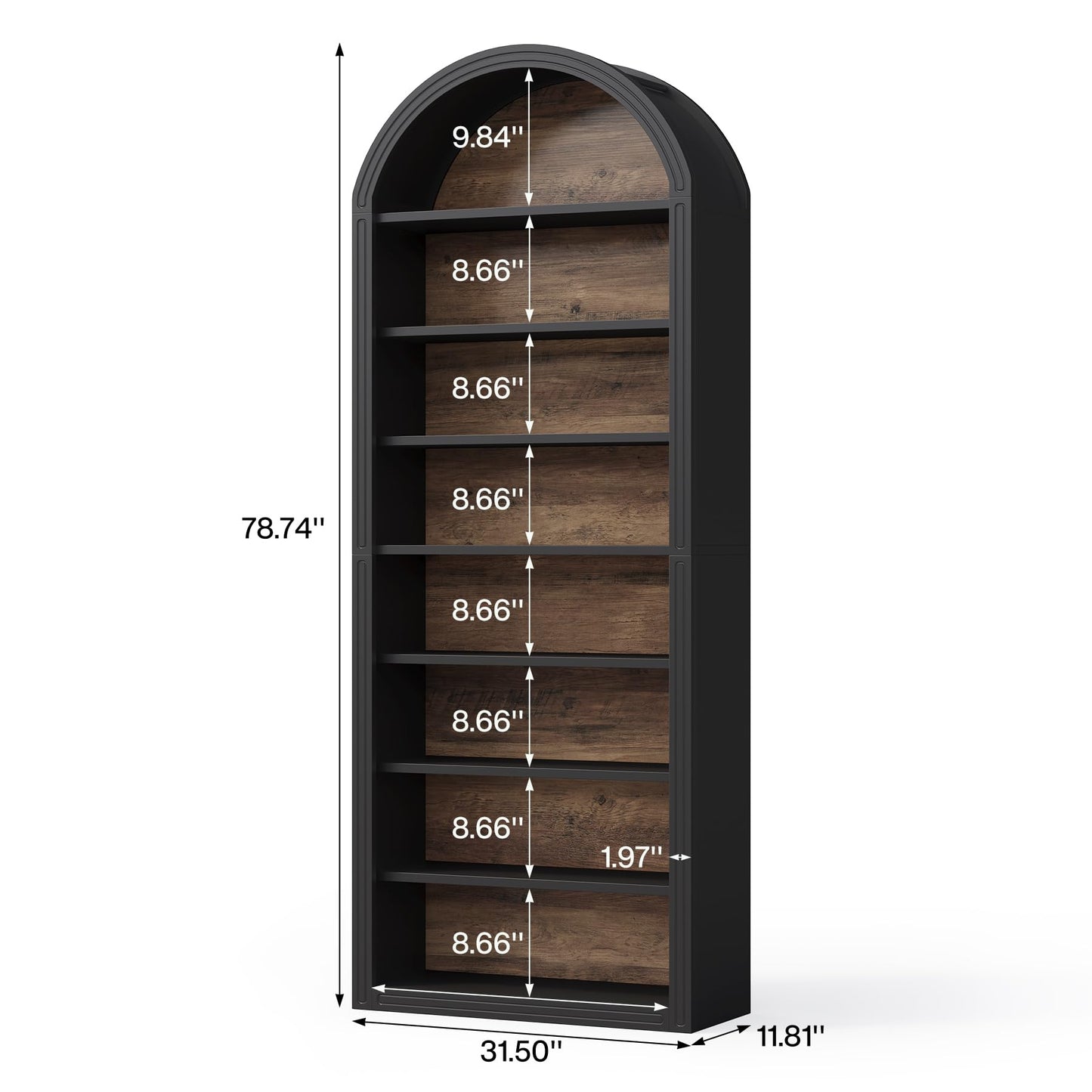 LITTLE TREE 8-Tier Bookcase, 78.7" Tall Bookshelf with Arched Top, Large Freestanding Wooden Open Bookcase Bookshelf, Modern Book Shelf Organizer for Living Room, Bedroom, Office, Library, Black Brown