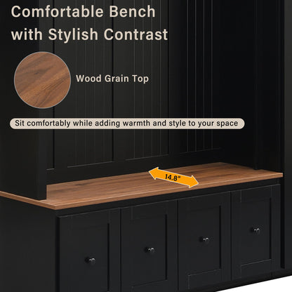 Shaical Hall Tree with Bench and Pull-Out Storage, 5-in-1 Entryway Shoe Bench with Coat Rack & 4 Drawers 2 Cabinets 4 Hooks, 78.7''H Wooden Storage Organizer for Hallway, Mudroom, Entrance, Black