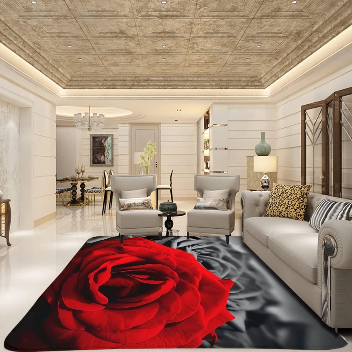 Large Farmhouse Rug - 19.7x31.5 inch Abstract Mat - Romantic Rose Black White Red Painting - Non-Slip Polyester Floor