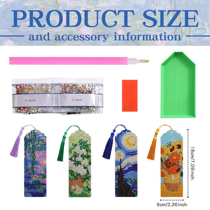 icceemee 4 pcs Oil Painting Themes Diamond Painting Bookmarks, DIY Diamond Art Kits for Adults, Book Corner - Protecting Bookmark Craft Supplies Kits for Book Lovers
