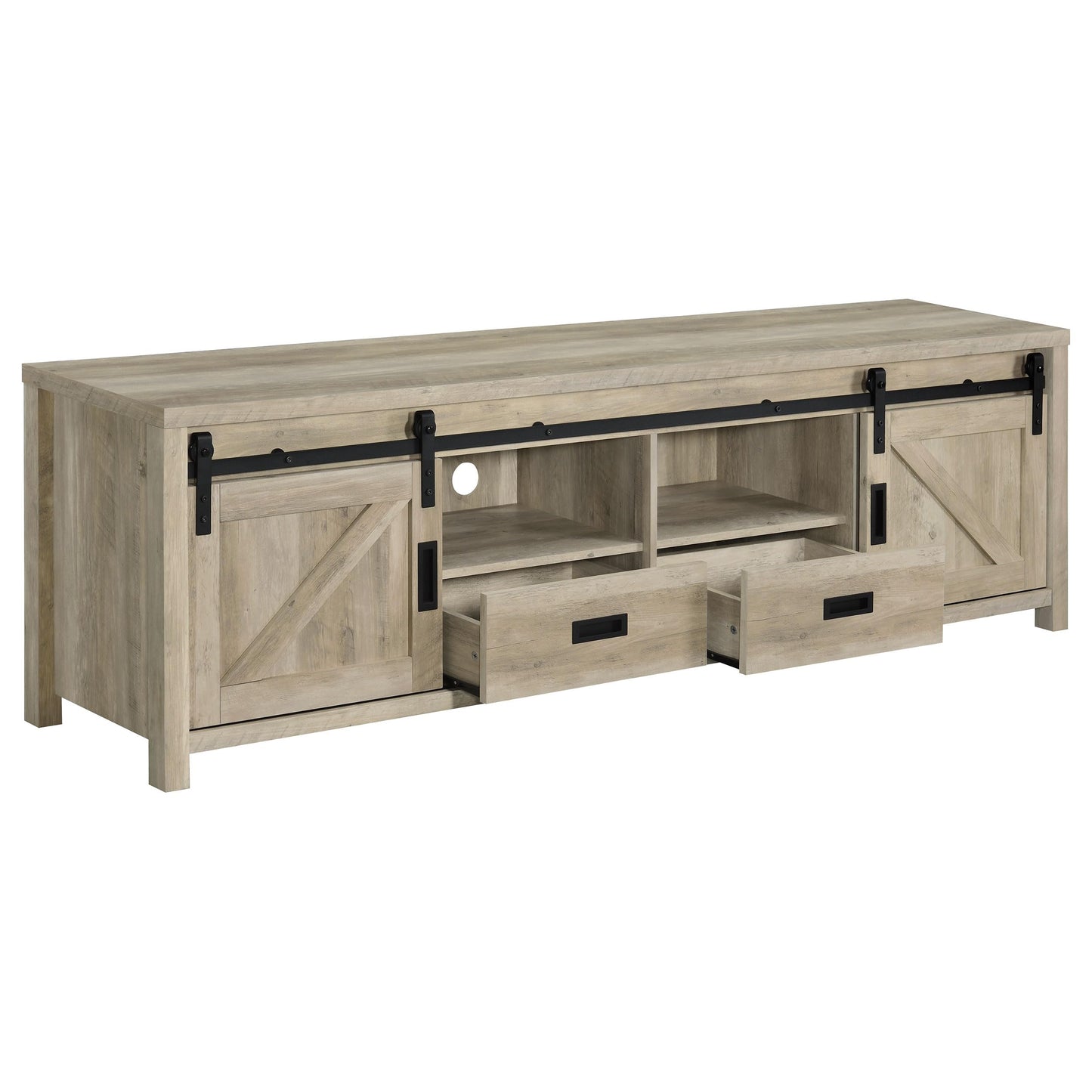 Coaster Home Furnishings - Madra - Engineered Wood - 79-Inch 2-Door TV Stand with Sliding Barn Doors, Open Shelves - Living Room - Distressed Pine - 736263