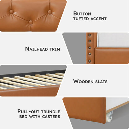 Lexicon Faux Leather Daybed with Trundle, Solid Wood Frame, Nailhead Trim, Wood Slat Support, Button Tufted Trundle Day Bed Sofa Bed for Bedroom/Guest Room, No Box Spring Needed, Twin, Matte Brown