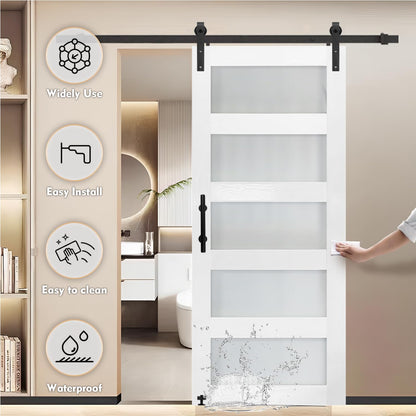 S&Z TOPHAND® 30 in x 96 in Glass Sliding MDF Barn Door with 5FT Sliding Door Hardware Kit, 5 Tempered Frosted Glass, Slab Inside Covered with Water-Proof PVC Surface, Simple DIY Assembly