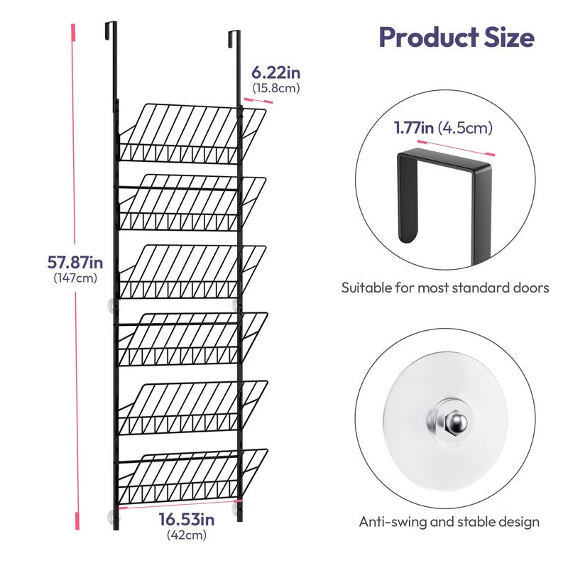 SWTYMIKI Over The Door Shoe Organizer - Adjustable 6 Tier Hanging Shoe Rack Organizer, Metal Heavy Duty Behind Door Storage or Wall Mount Shoes Shelf for Flats, Heels, Sneakers, Boots