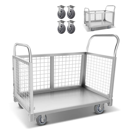 Heavy-Duty Platform Truck Cart with Cage, 2200LBS Capacity Reinforced Flatbed Truck for Warehouses. 4-in-1 Multifunctional Truck Cart with 360° Wheels, Versatile Platform Truck for Home & Business.