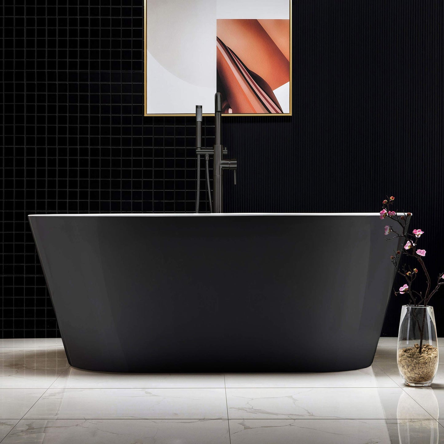 WOODBRIDGE 59" Acrylic Freestanding Bathtub Contemporary Soaking Tub with Matte Black Overflow and Drain,Black