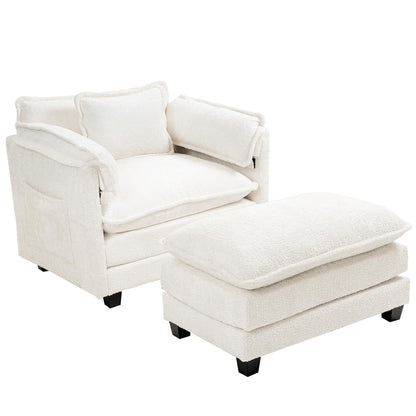 KEIKI Boucle Oversized Lounge Chair, Cozy Reading Chair with Storage & Ottoman, 40" W Modern Accent Chair W/Double Deep Cushion, Upholstered Armchair Seating for Living Room, Bedroom, Beige