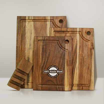 Set 3 Acacia Wood Cutting Board, Solid Wood Cutting Board of with holding stand and Deep Juice Grooves & Built