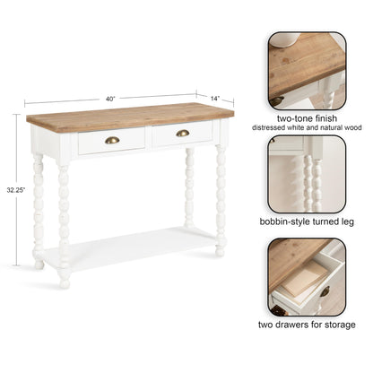 Kate and Laurel Rutledge Coastal Wooden Console Table with Shelf; 40 x 14 x 33; Hazelnut and White; Traditional Wood Entryway Table with Drawers and Decorative Turned Legs for Entry Storage Options