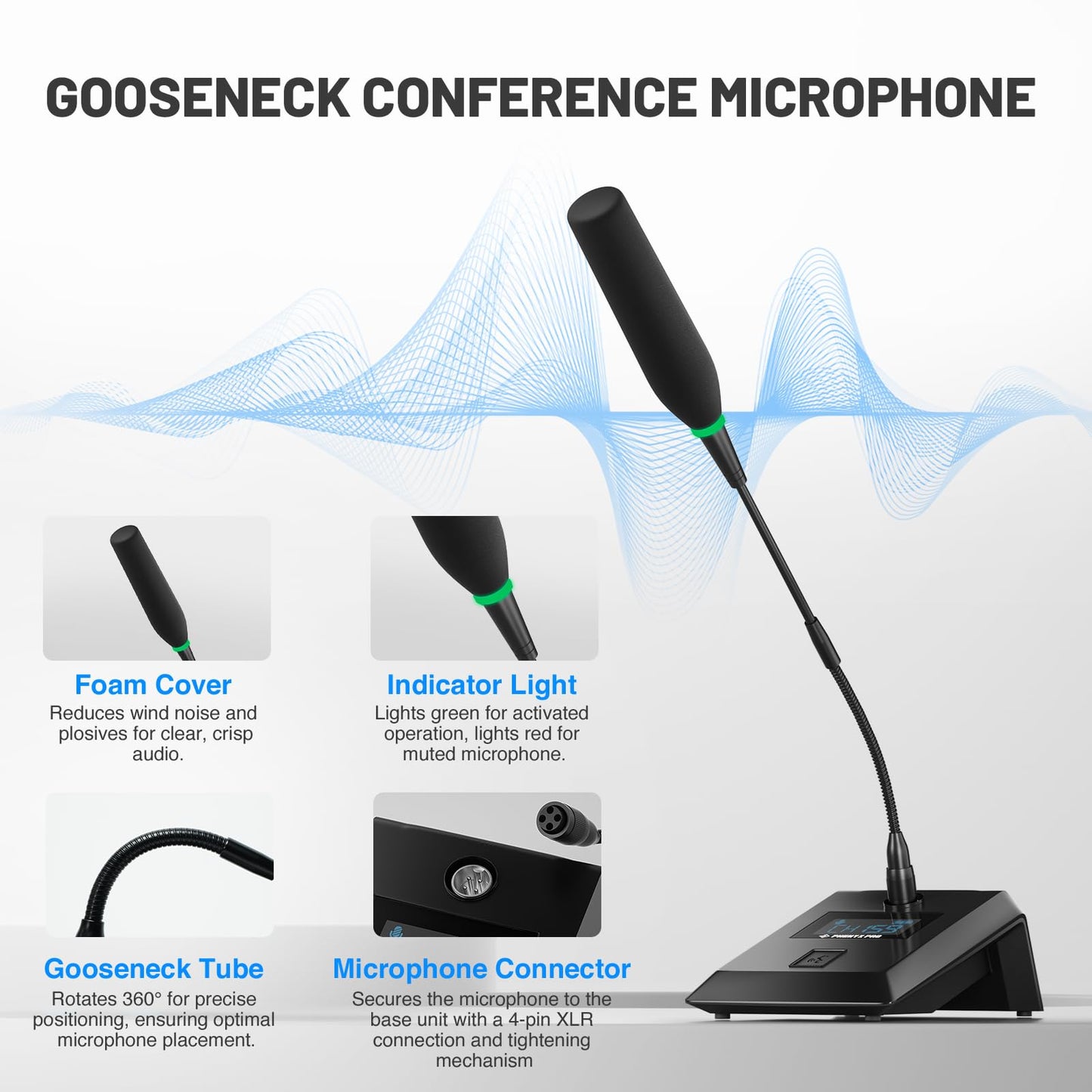 Phenyx Pro 8-Channel Wireless Conference Microphone System, Wireless Podium Microphone with 8x25 UHF Frequencies, Auto Scan, 8 Gooseneck Mics for Lecture, Church, Conference, Public Speaking (PTC-8)
