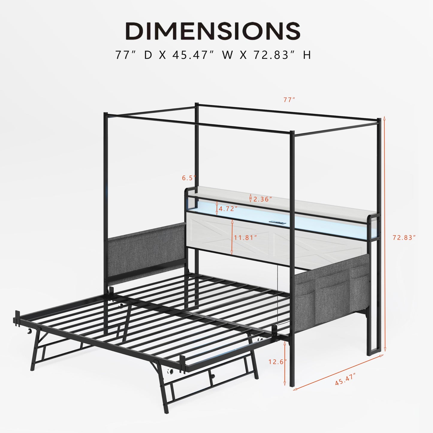 DNYN Metal Daybed with Pop-up Trundle and 4 Poster for Bedroom/Guest Room, Twin Size Heavy-Duty Canopy Bed Frame with USB Ports and Storage Headboard, Space-Saving & No Box Spring Needed