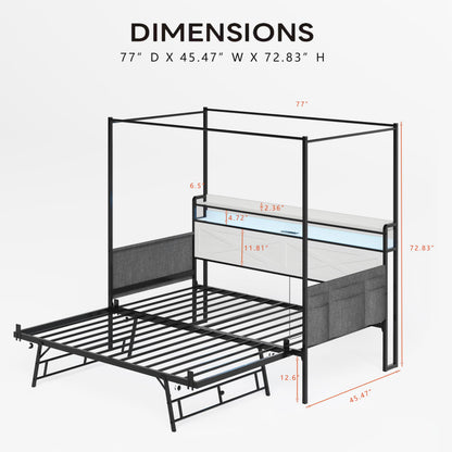 DNYN Metal Daybed with Pop-up Trundle and 4 Poster for Bedroom/Guest Room, Twin Size Heavy-Duty Canopy Bed Frame with USB Ports and Storage Headboard, Space-Saving & No Box Spring Needed