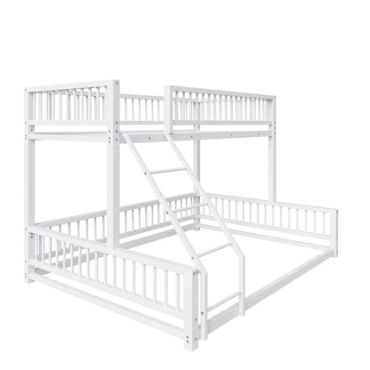 Bellemave Metal Twin XL Over Queen bunk Bed, Floor Twin XL Over Queen Bunk Bed Frame with Ladder and Safety Guardrails, White