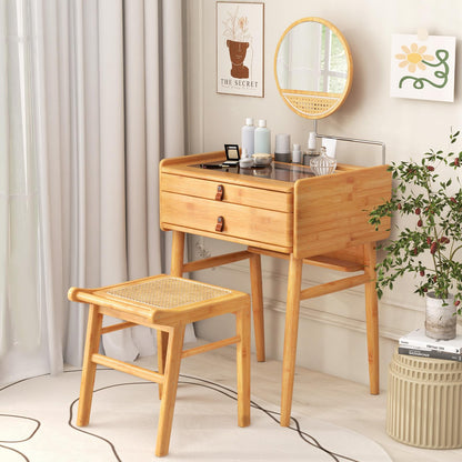 CHEFJOY Boho Vanity Desk with Mirror, Bamboo Makeup Vanity Table & Stool Set with 2 Storage Drawers & Tempered Glass Table Top, Small Dressing Table Set for Bedroom, Living Room