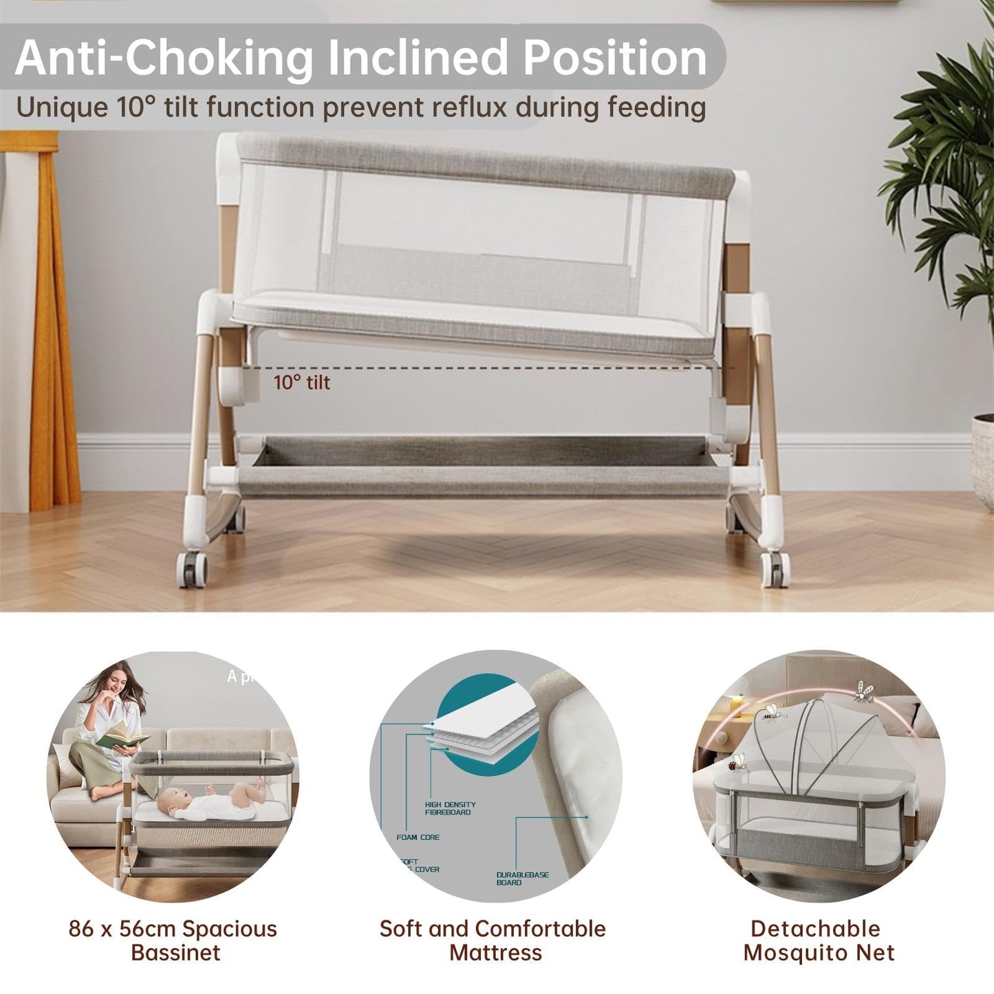 WinkleStar Baby Bassinet Bedside Sleeper with Mattress, 6-Level Height Adjustable Co Sleeper Bassinet, Rocking Baby Crib with Mosquito Net, 360° Wheels & Storage Basket – Premium Linen & Metal Frame