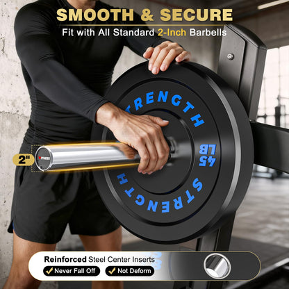Rendpas 2-Inch Olympic Bumper Plates, 100% Virgin Rubber Low Bounce Barbell Weight for Home Gym Strength Training, 10lb-45lb Black with Color-Coded